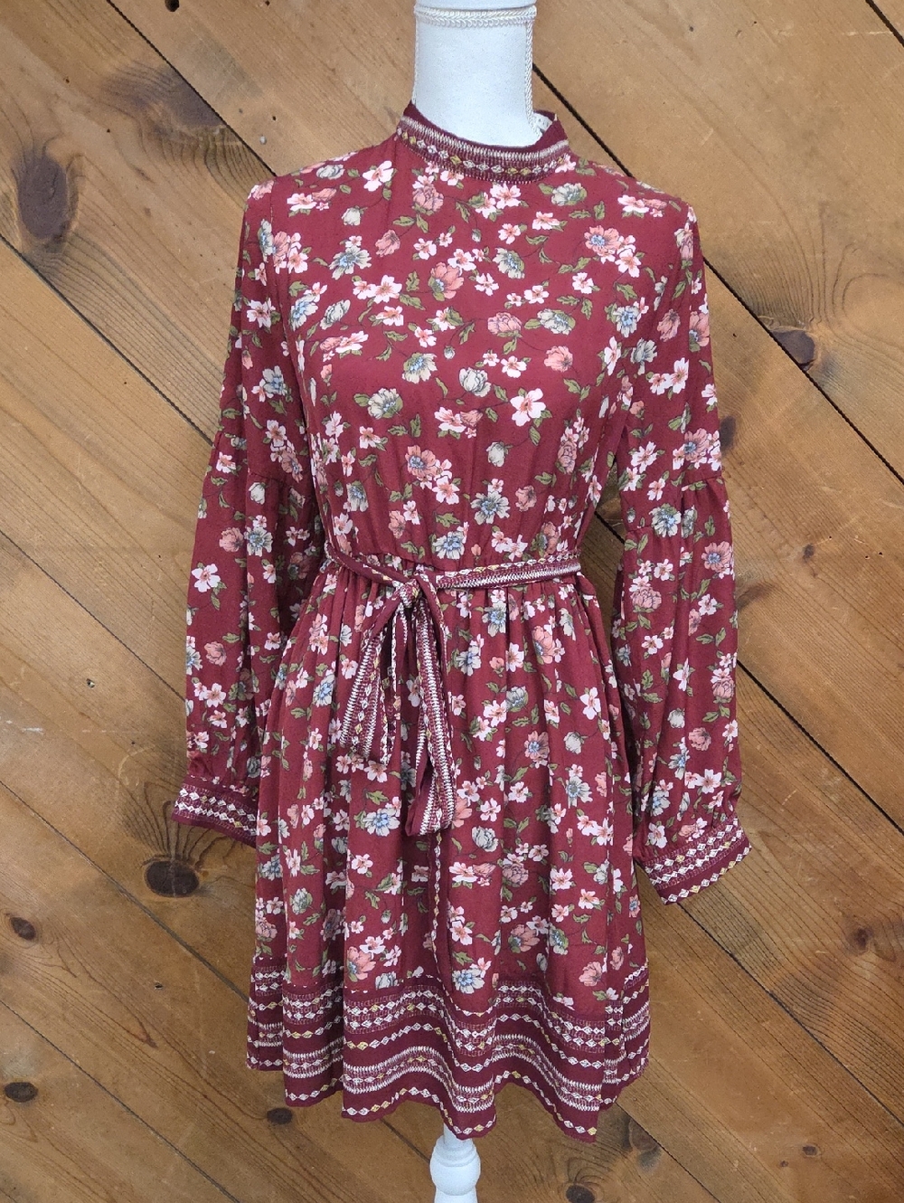 Baevely Floral Tie-Waist Long Sleeve Dress - Rust Pink Floral.  Medium.